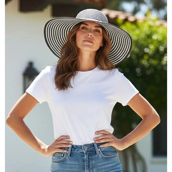 The Hats Company Filippo Catarzi Italy Black White Stripe Wide Brim Sun Hat EUC! main image 5